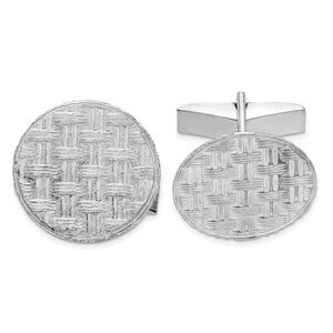 Rhodium Plated Sterling Silver Basketweave Round Cuff Links, 20mm
